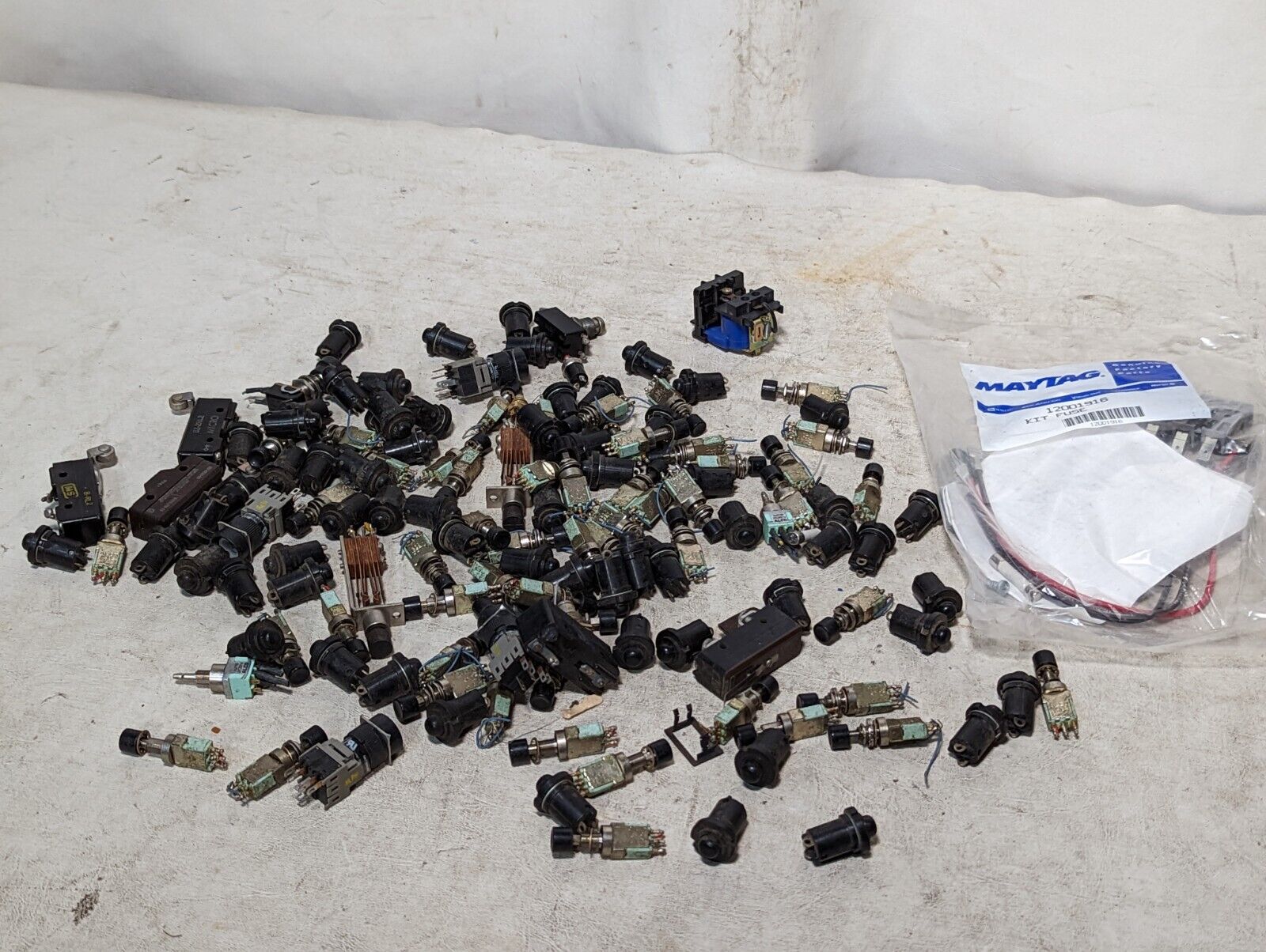 Lot of fuse holders, Micro Switch limit switches, small buttons, and relays
