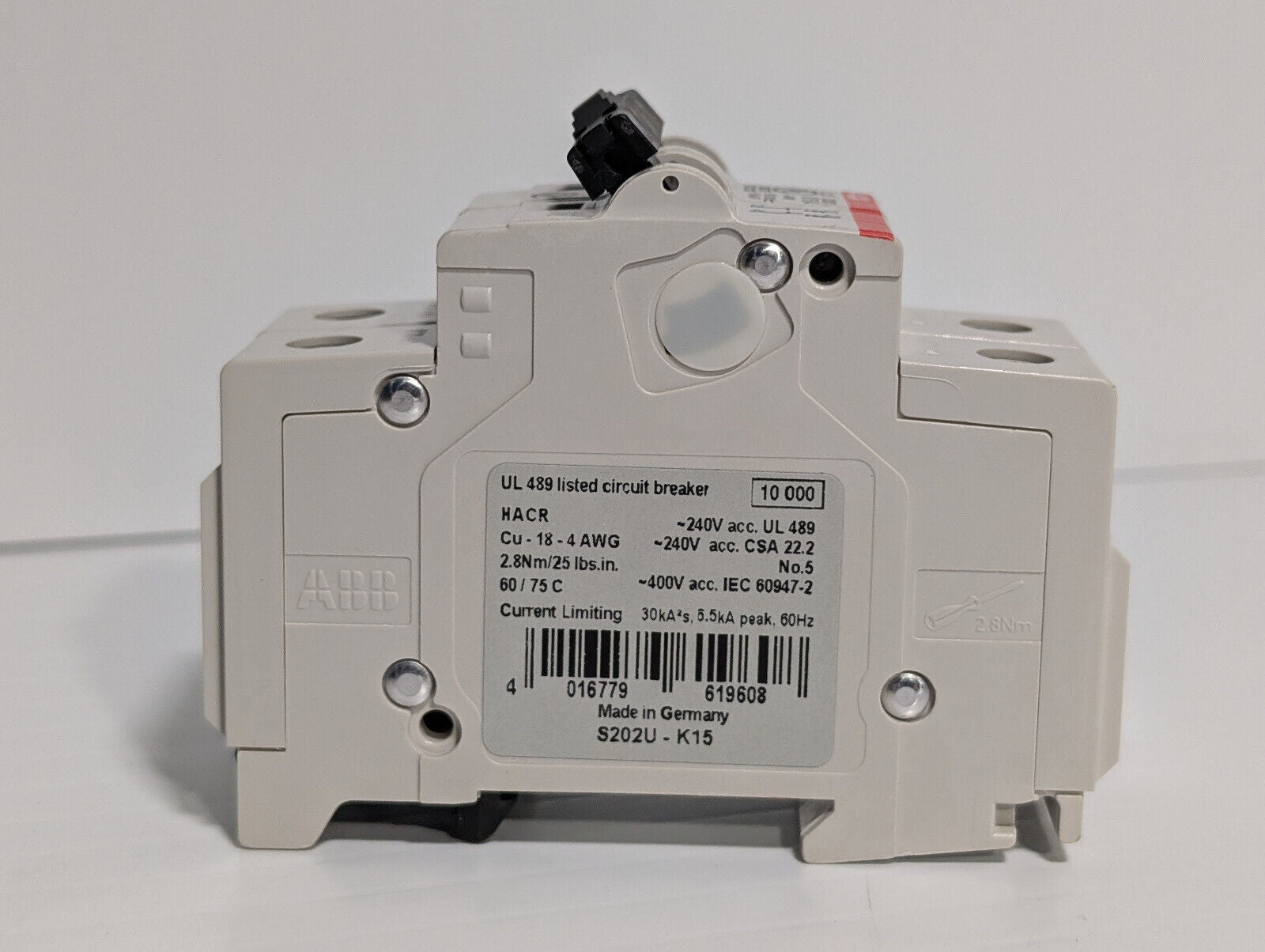 ABB S202U-K15 Circuit Breaker, 2-Pole, 240 VAC, 15 A, E212323, 50/60 Hz