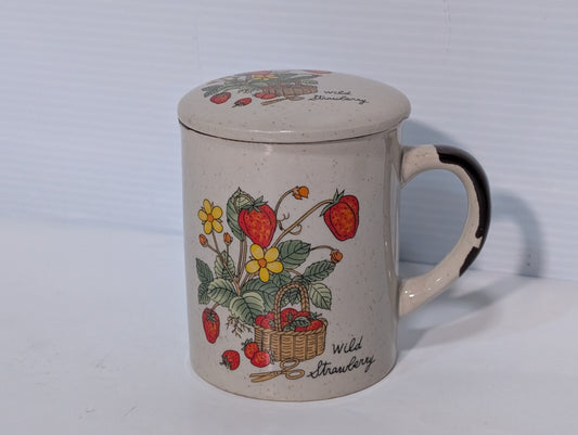 Vintage 1970s Covered, Lid, Coffee, Tea Mug Wild Strawberry, Speckled Stoneware