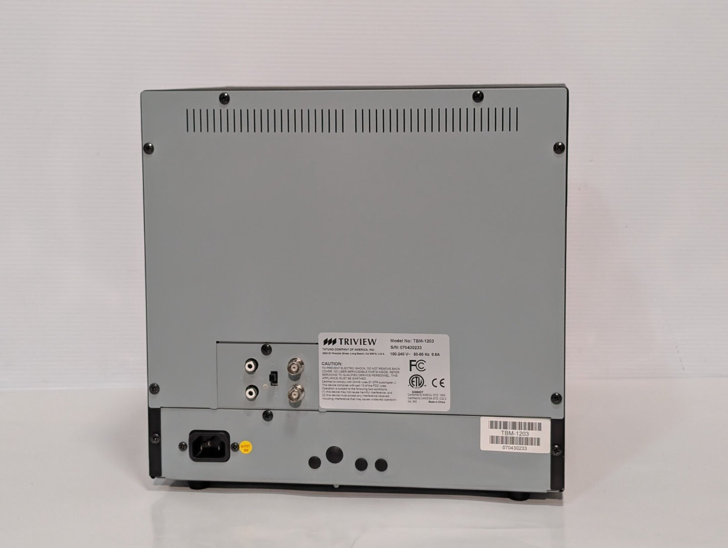 Tatung TBM-1203 Triview  B&W Surveillance Monitor, 11" Visual Screen, Metal Case