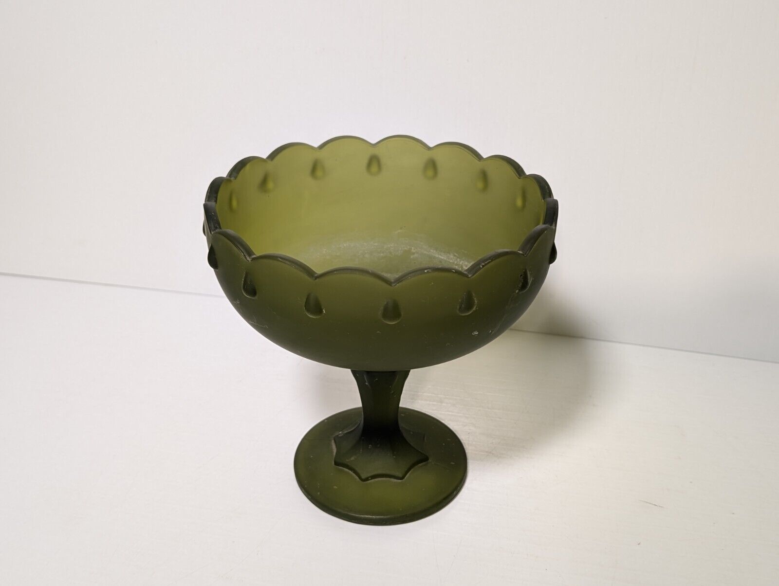 Vintage Indiana Green Frosted Stemmed Pedestal Glass Bowl - Teardrop Pattern