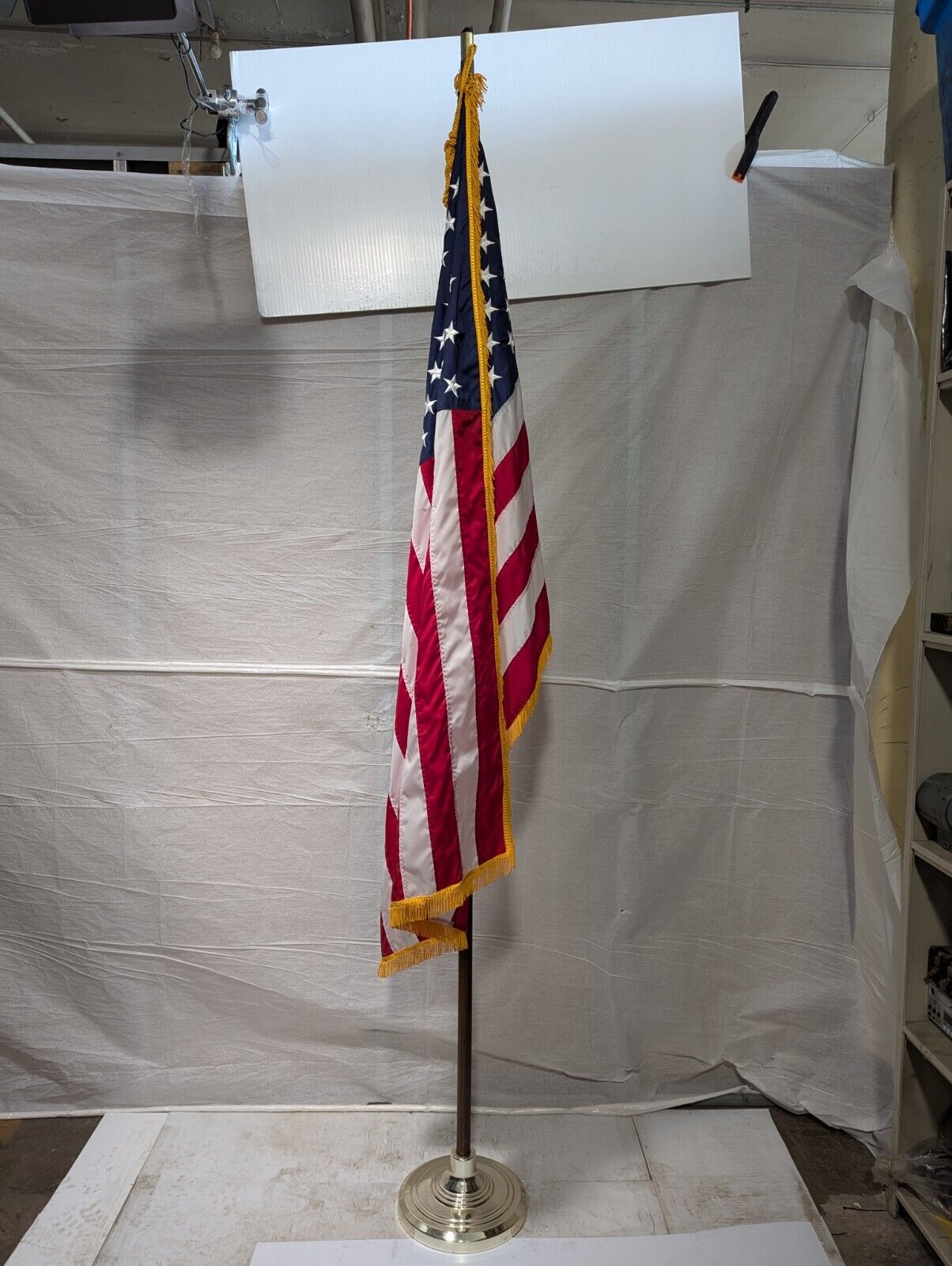 Vintage Indoor 3' x 5' American Flag With Gold Fringe and Wooden Flag Pole 99" H