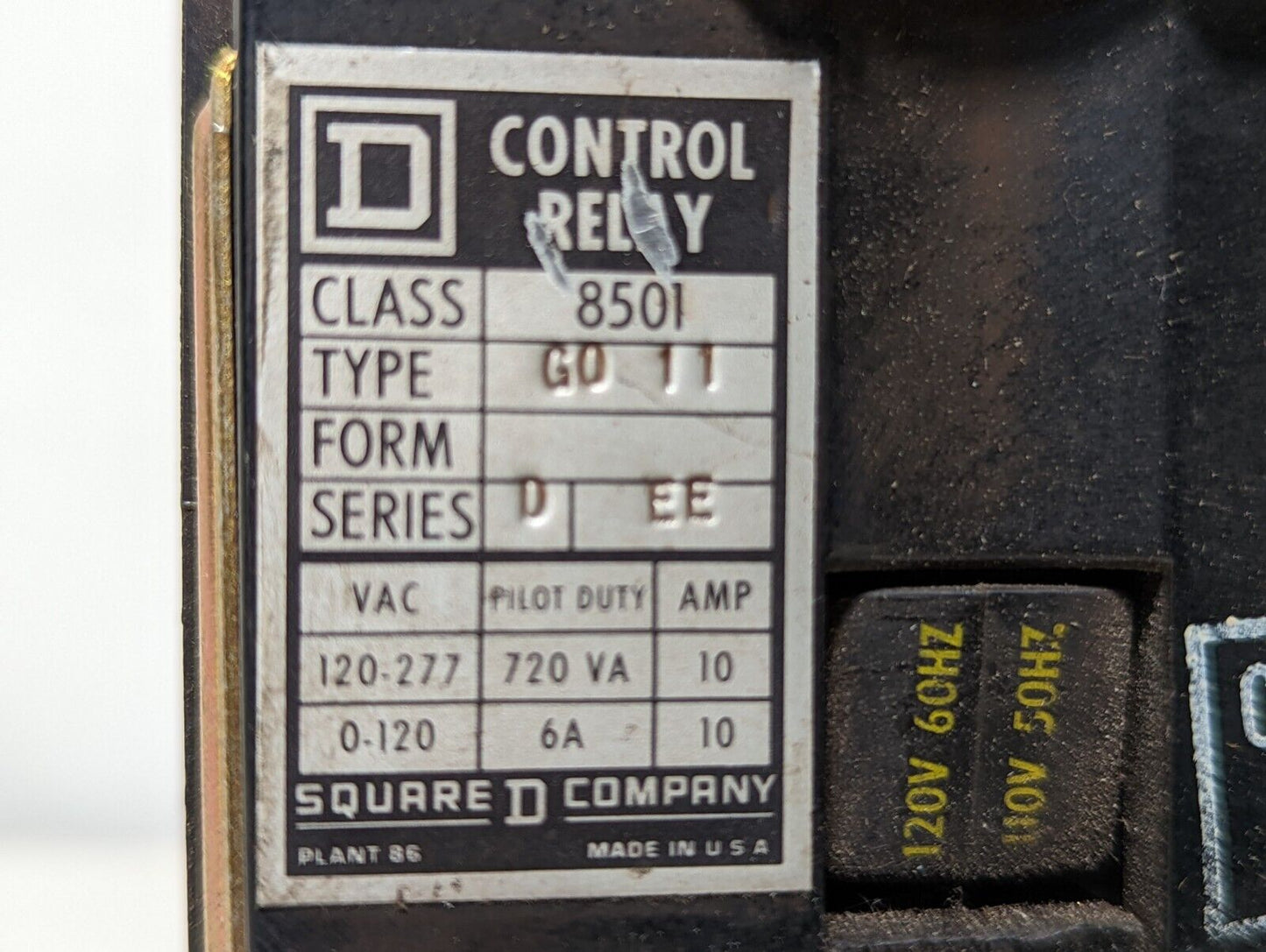 Square D 8501GO11 control relay, 110/120VAC coil, 8501G011