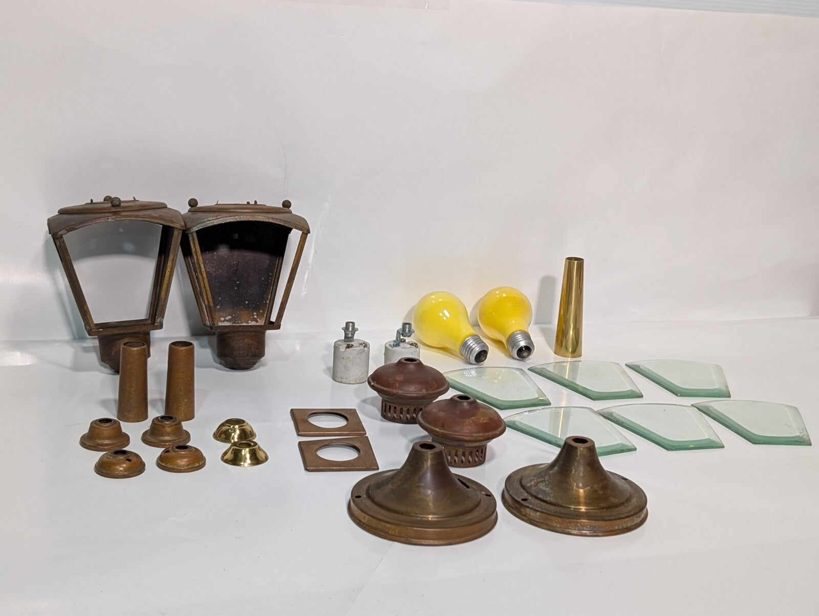 (2) Vintage French Pedestal Lamp Light Brass Glass Covers Disassembled Full Set