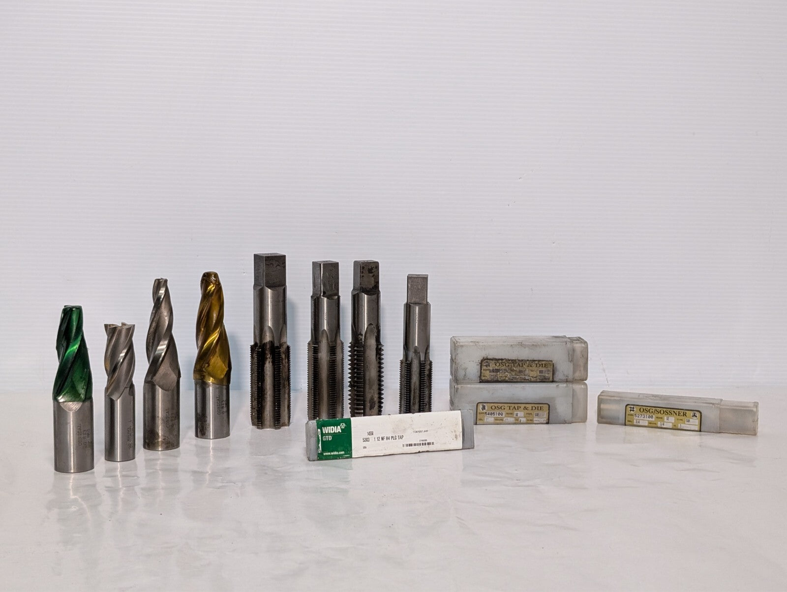 (12) End Mills and Tap, Sossner Widia Conical, See Photos for Specs.