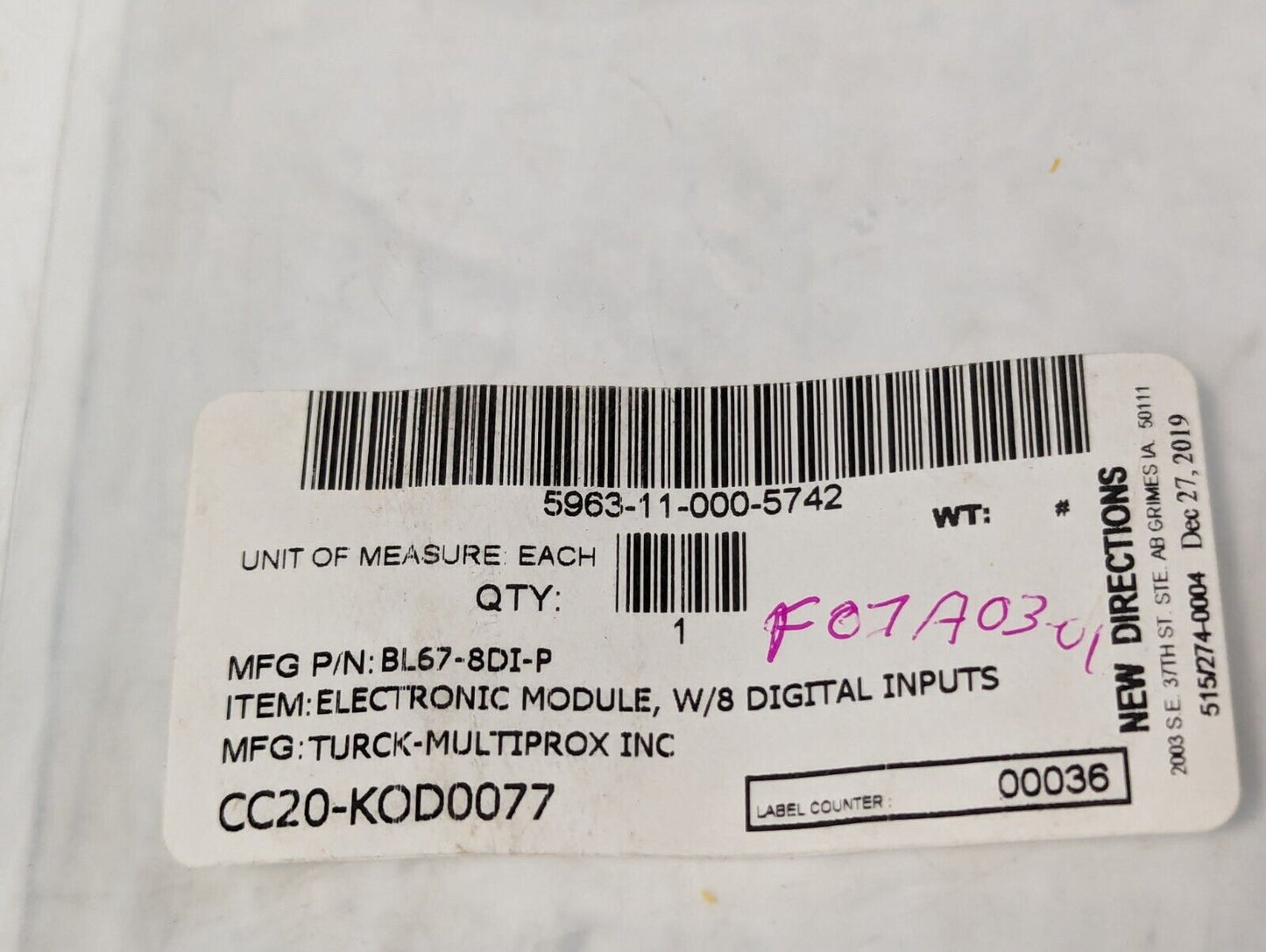 Turck BL67-8DI-P Electronic Module, 8 Digital Inputs - Free Shipping