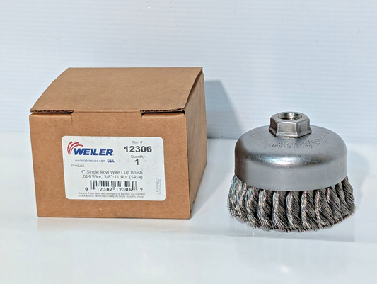 Weiler 12306 Single Row Wire Cup Brush, 4", .014 Wire, 5/8"-11 Nut, 10,200 RPM