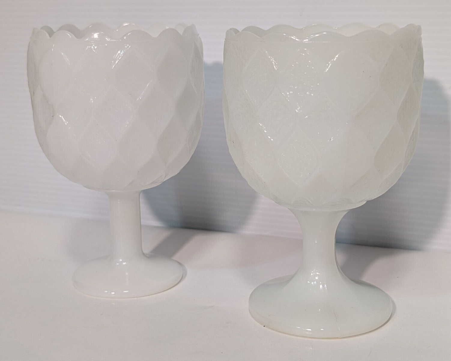 Two Vintage EO Brody + Indiana Glass Milk White Glass Goblets Harlequin Pattern