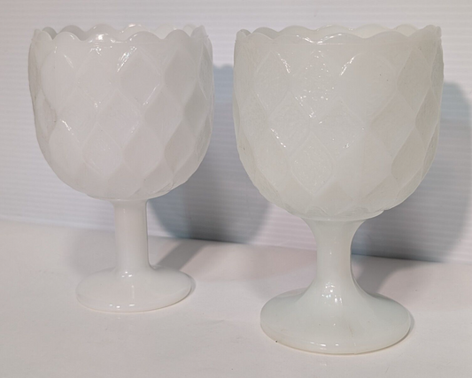 Two Vintage EO Brody + Indiana Glass Milk White Glass Goblets Harlequin Pattern