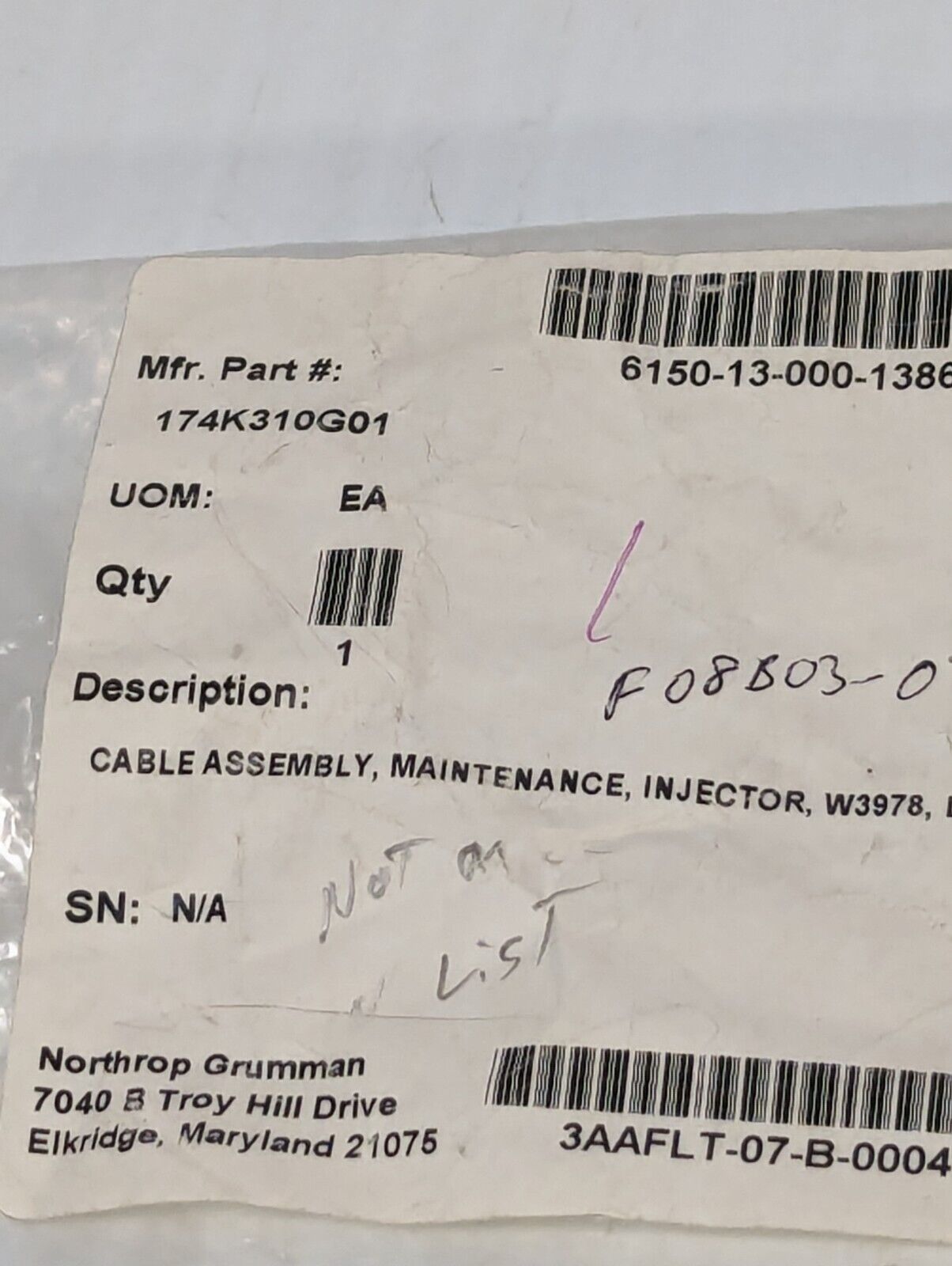 174K310G01 Maintenance Injector Cable Assembly, 11.8" L, W3978, 6150-13-000-1386