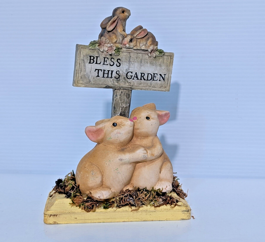 Vintage Bless This Garden Ceramic Bunnies Outdoor Decor Rabbits Easter Figurines