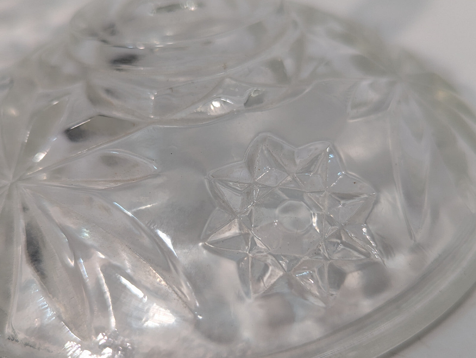 Vintage Antique Crystal Clear Glass Candy Dish, Snack Jar, Lid, Starburst Design