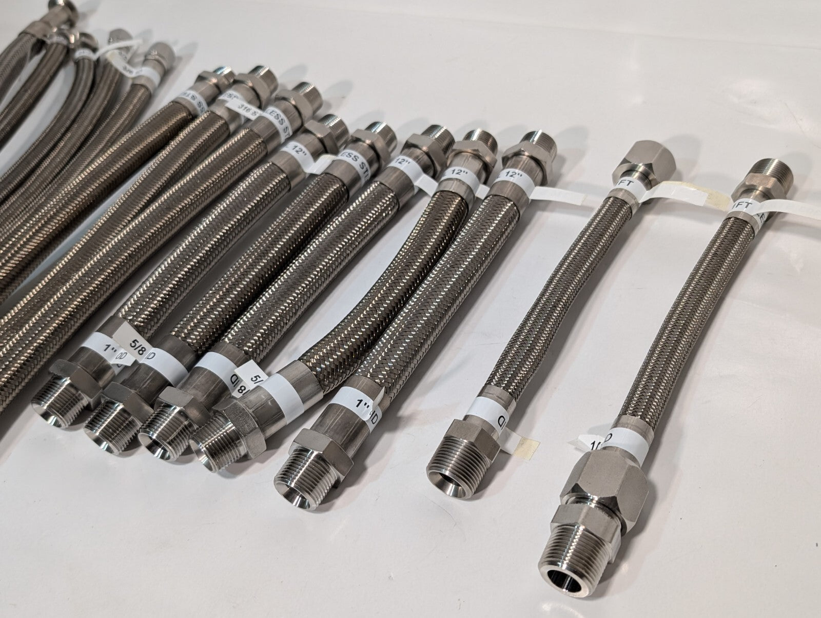 (15) Braided 316 Stainless Steel Flex Hoses, Assorted Lengths Sizes Ports