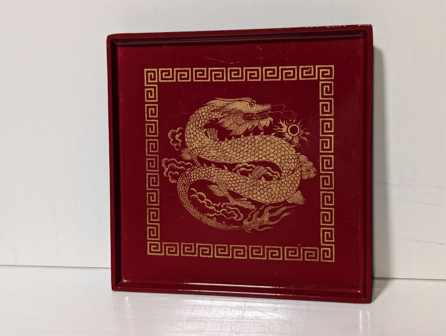 Vintage Japanese Otagiri Red and Gold Dragon Motif Lacquerware Coaster Set