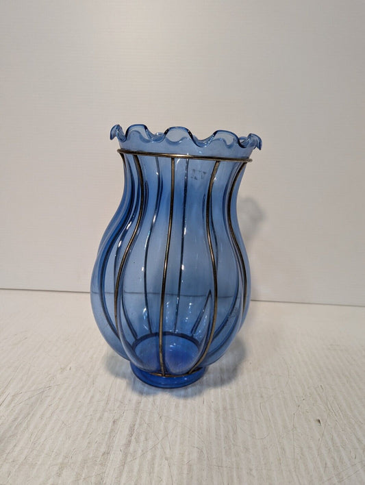 Vintage Wire Caged, Light Cobalt Blue, Glass Candle Holder \ Vase, 13" H x 8" OD