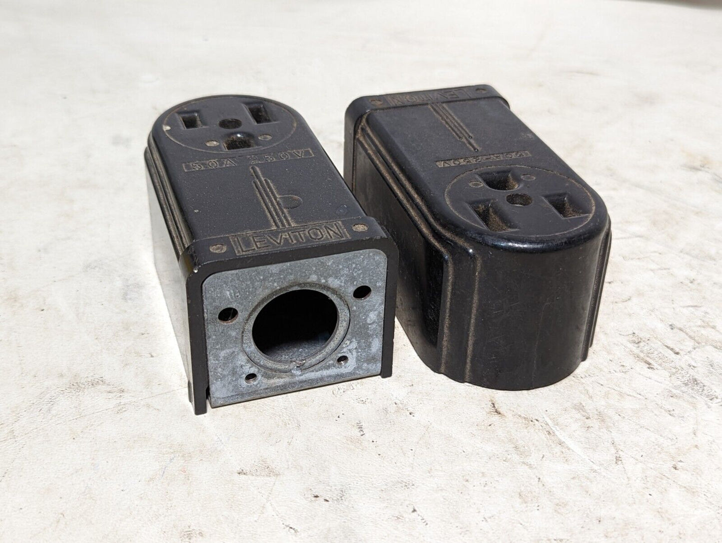 Lot of 2 vintage black Leviton 50A, 250V surface mount receptacles as pictured