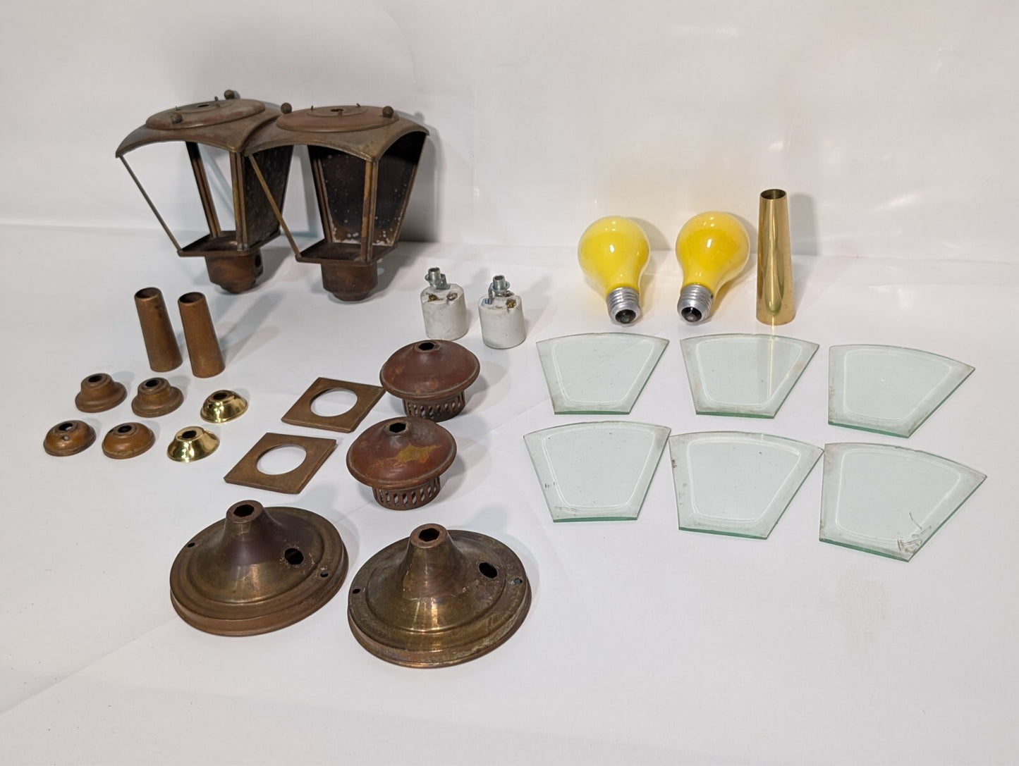 (2) Vintage French Pedestal Lamp Light Brass Glass Covers Disassembled Full Set