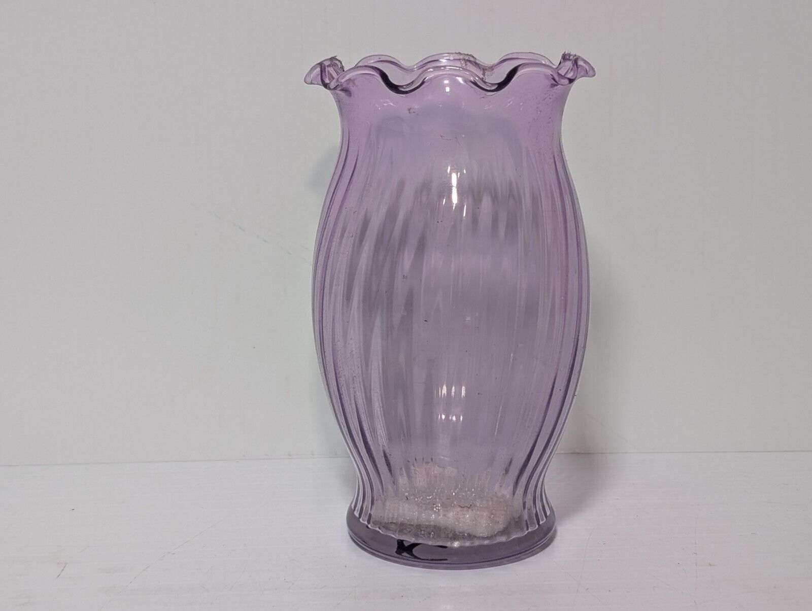 Vintage Lilac Spiral Pattern Scalloped Edge Translucent Vase, 6.5”H x  3.5"Dia.