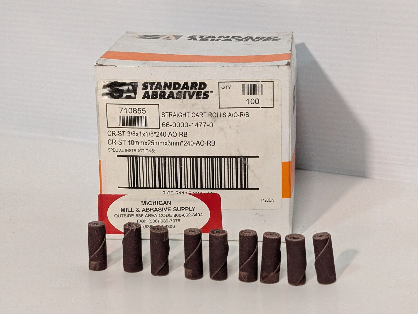 Standard Abrasives 710855 Straight Cartridge Rolls 3/8x1x1/8 240 Grit 100 Count