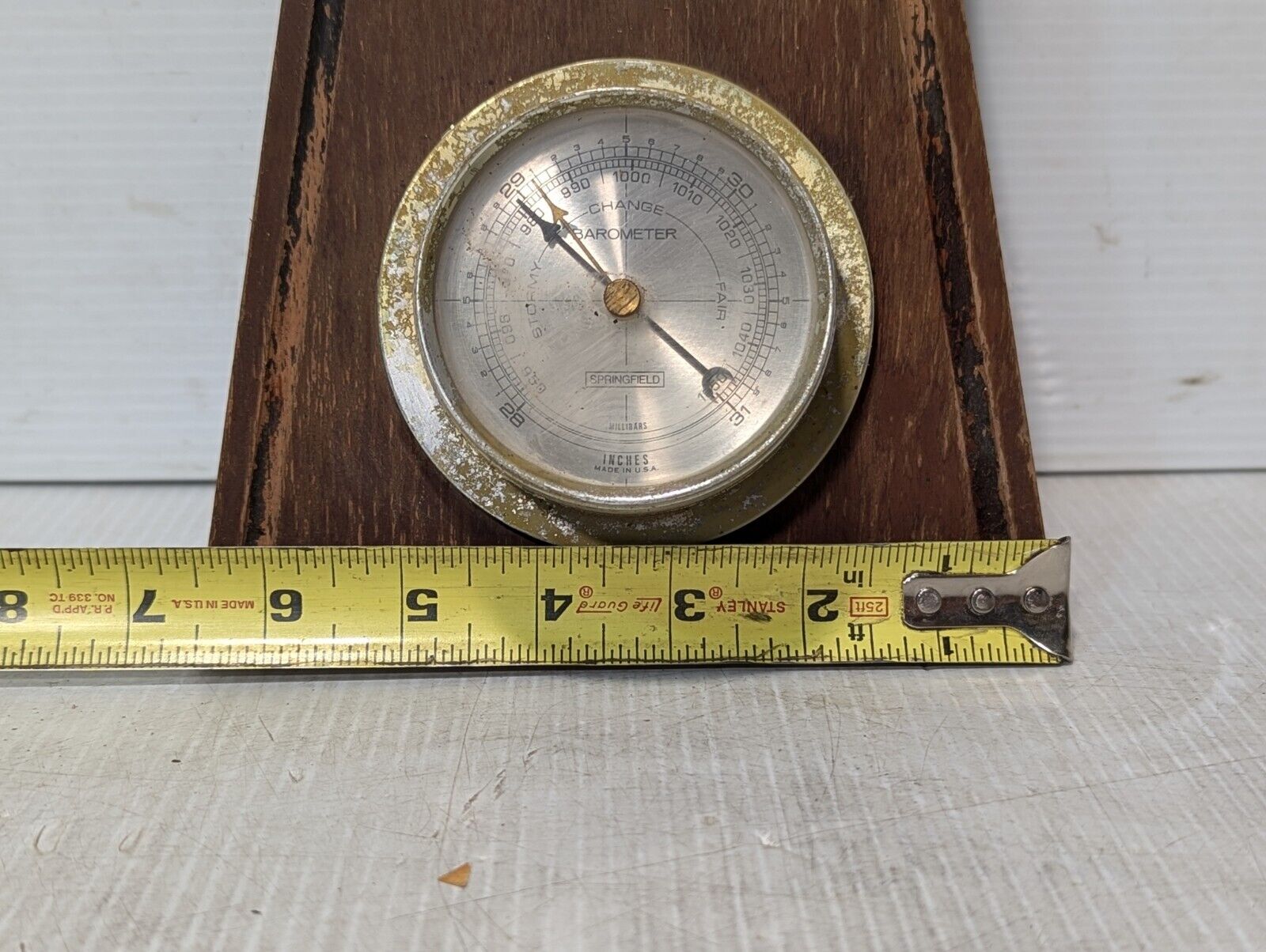 Vintage Springfield Thermometer / Barometer mounted on weathered wood- Free Ship