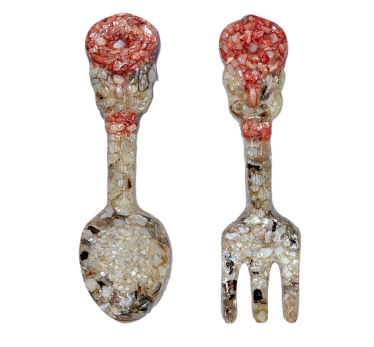 Vintage Set Fork Spoon Wall Hanging Epoxy Shell Mother of Pearl Resin Art 15.5"