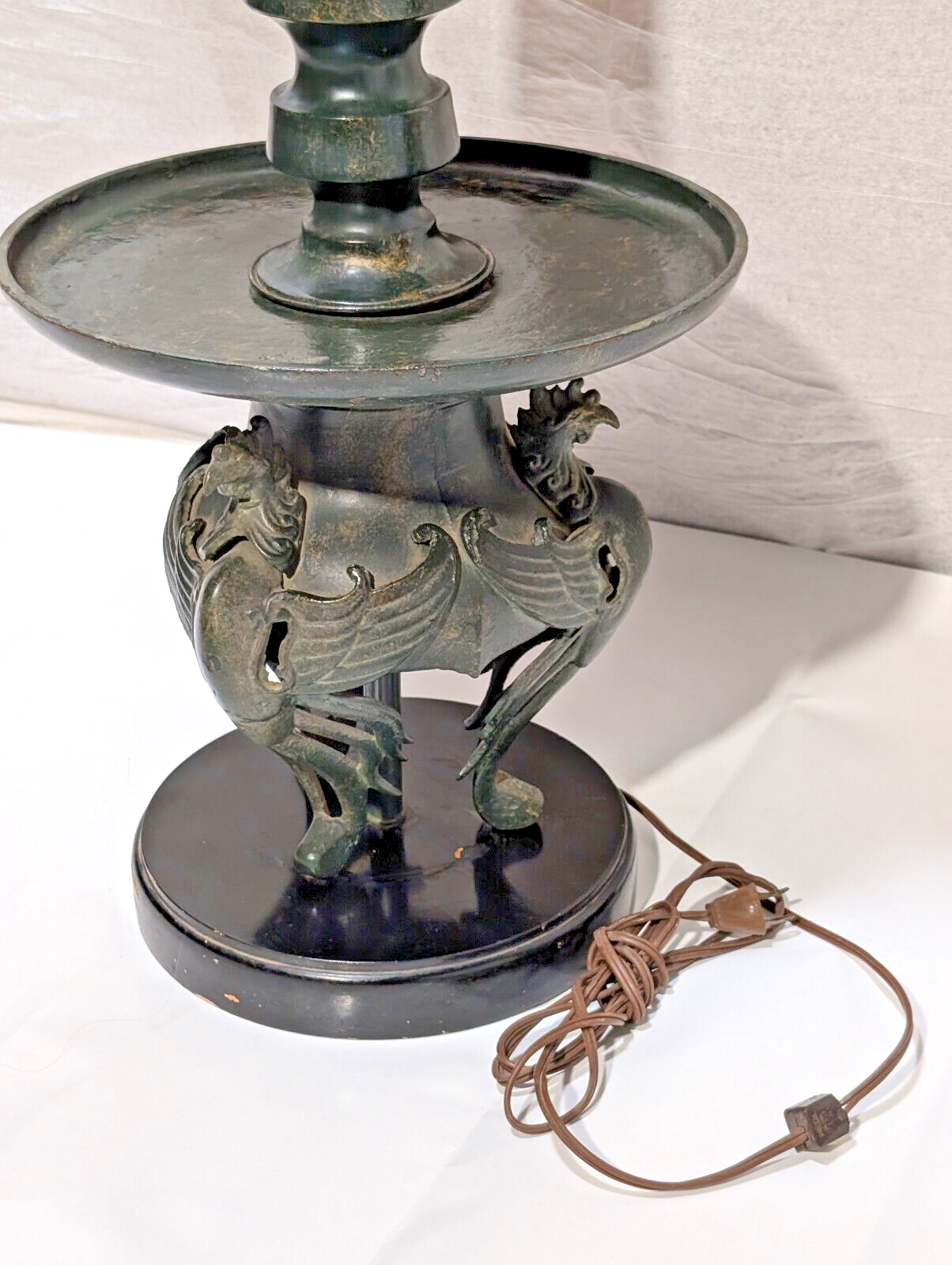 Vintage Japanese Floor Lamp Phoenix, Rooster, Hōō, Bells, 47" H, Bronze, Shelves