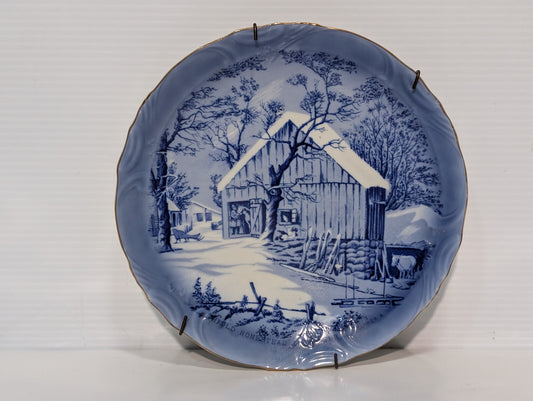 Vintage Decorative Blue Ceramic Plate Winter Barn Currier Ives Style Wall Decor