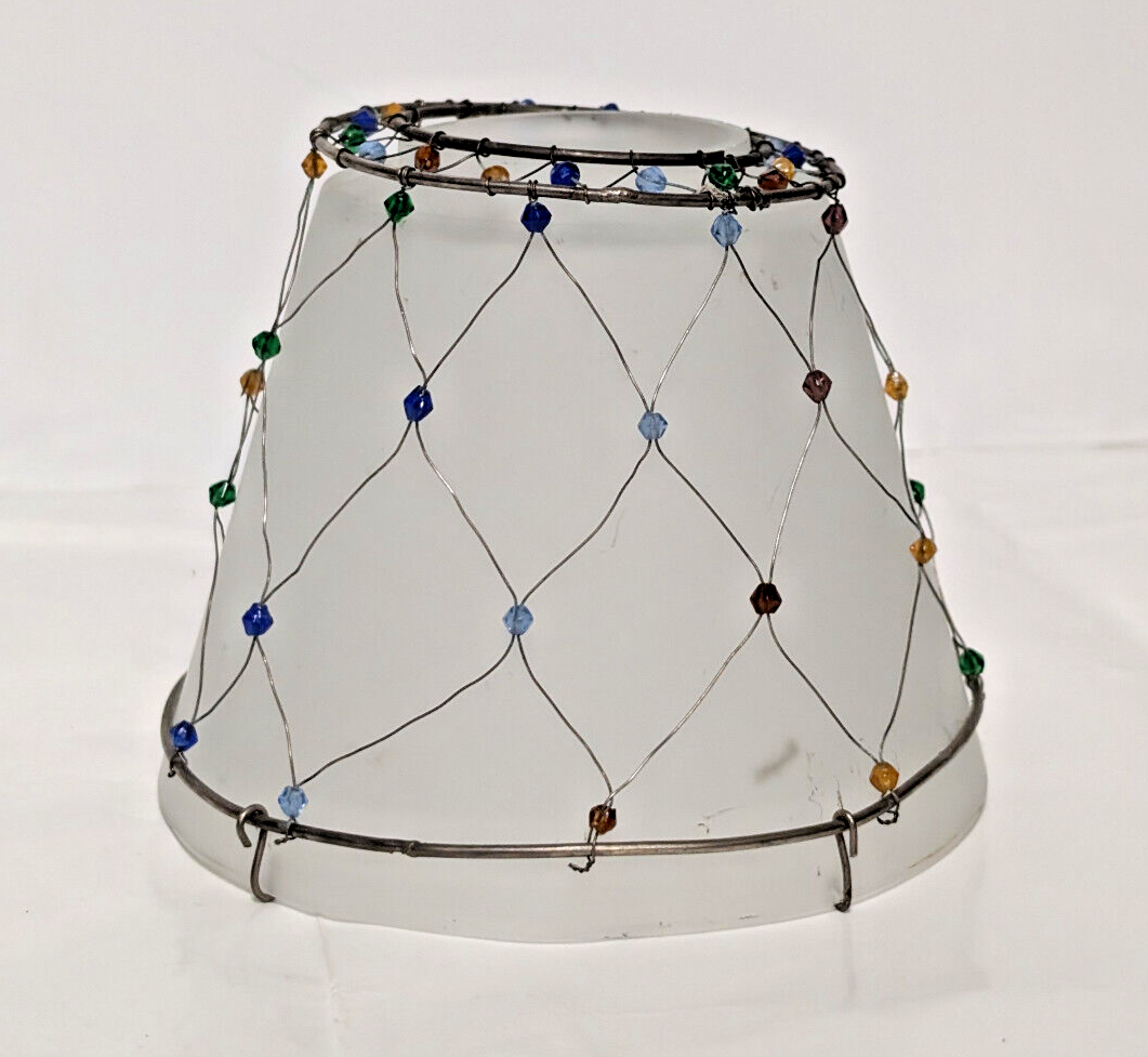 Vintage smoked glass, beaded, silver wire, lamp shade for accent lamp, 4.5"x5.5"