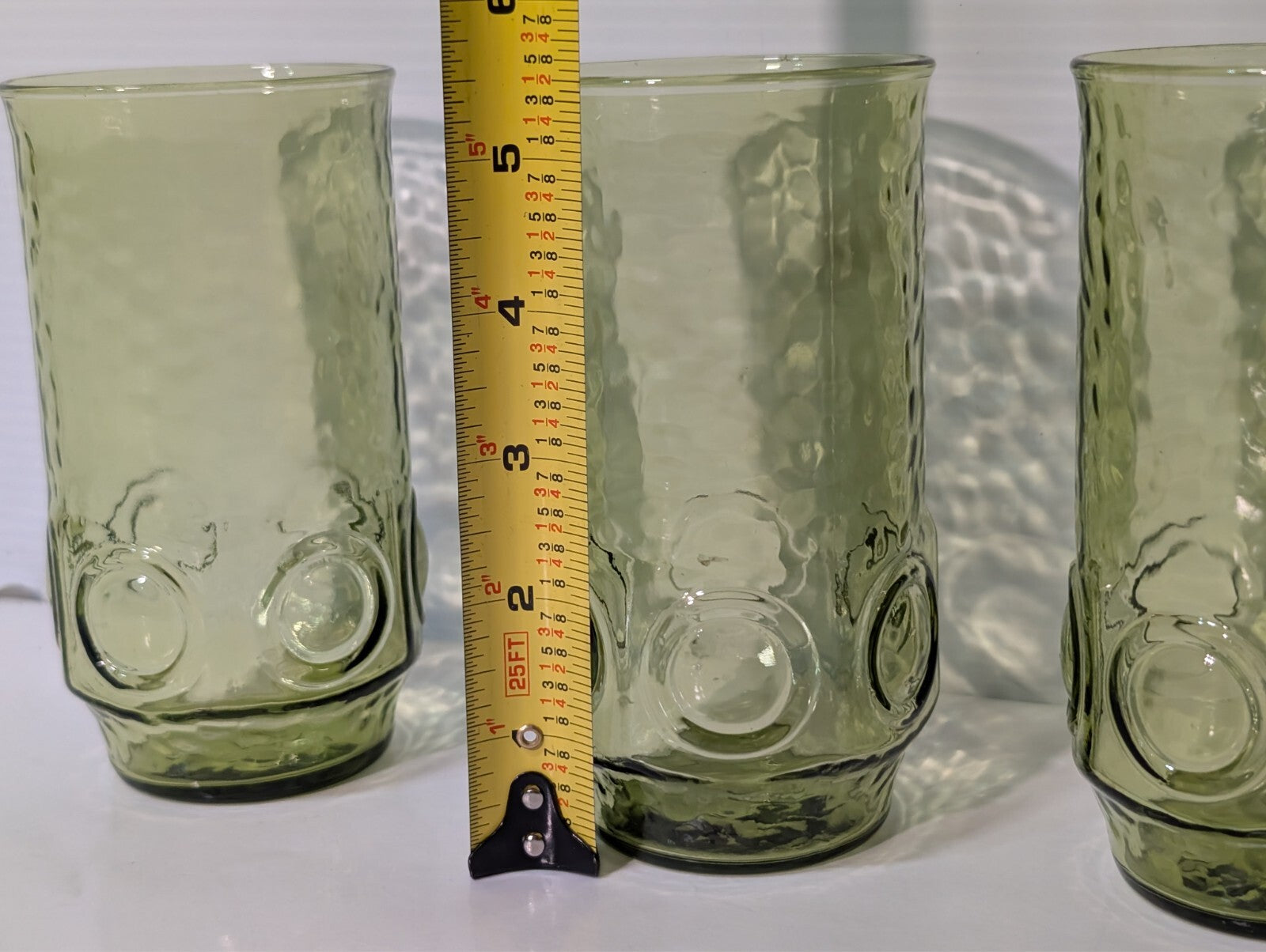 (4) Heritage Hill Green Avocado Hocking Drinking Glass Tumbler Circles Textured