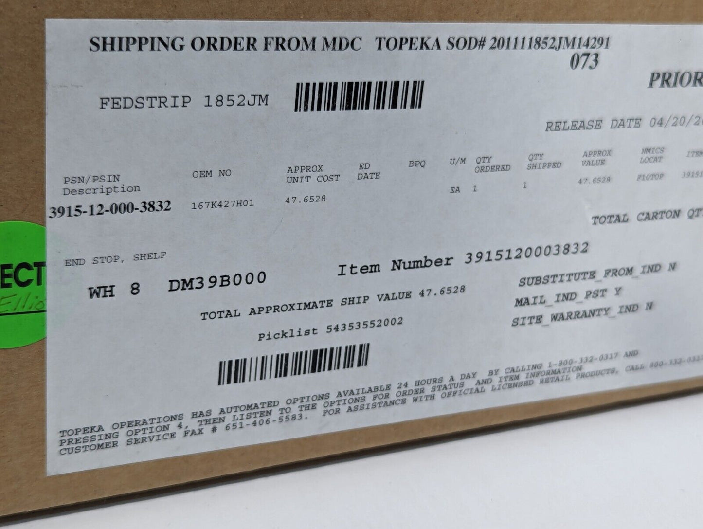 3915-12-000-3832 167K427H01 Shelf End Stop - Free Shipping
