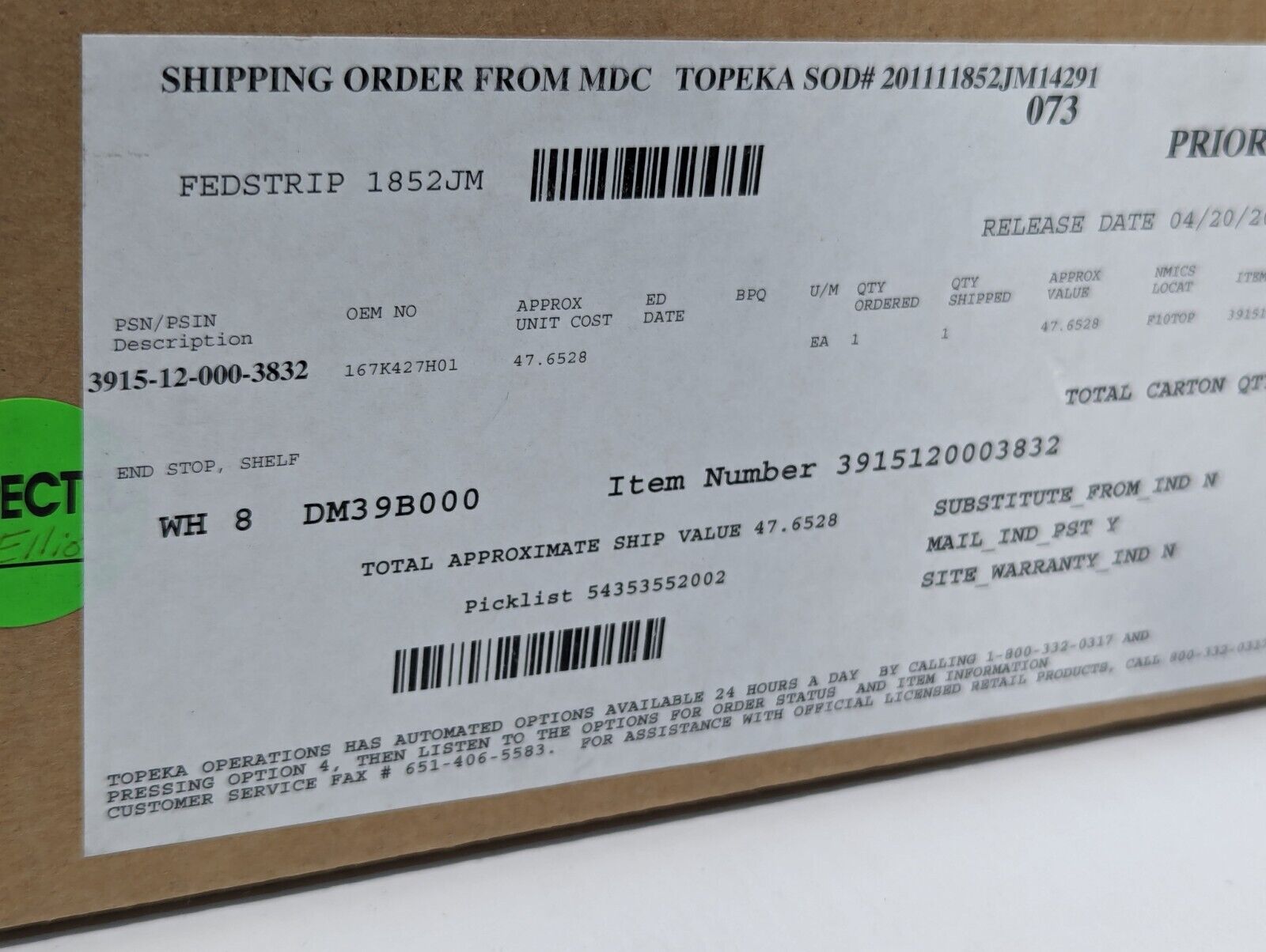 3915-12-000-3832 167K427H01 Shelf End Stop - Free Shipping