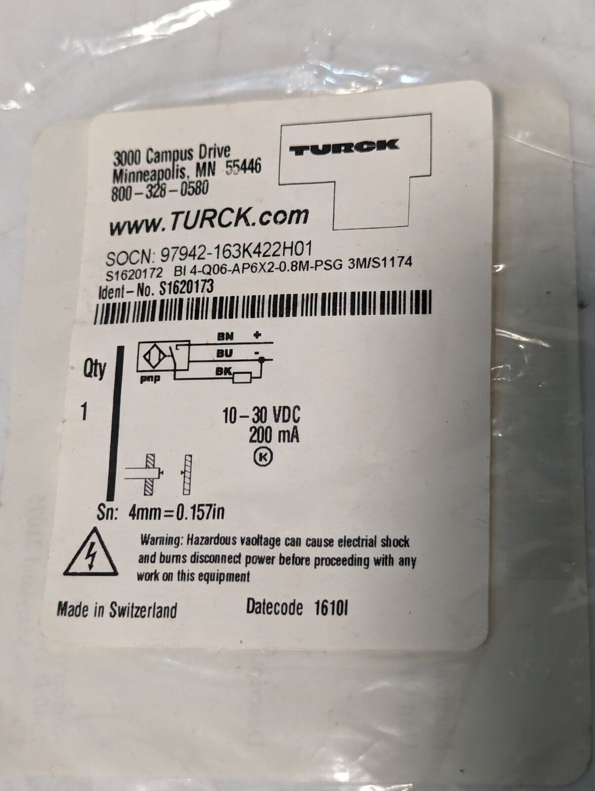 Turck BI 4-Q06-AP6X2-0.8M-PSG 3M/S1174  Rectangular Proximity Sensor, S1620172