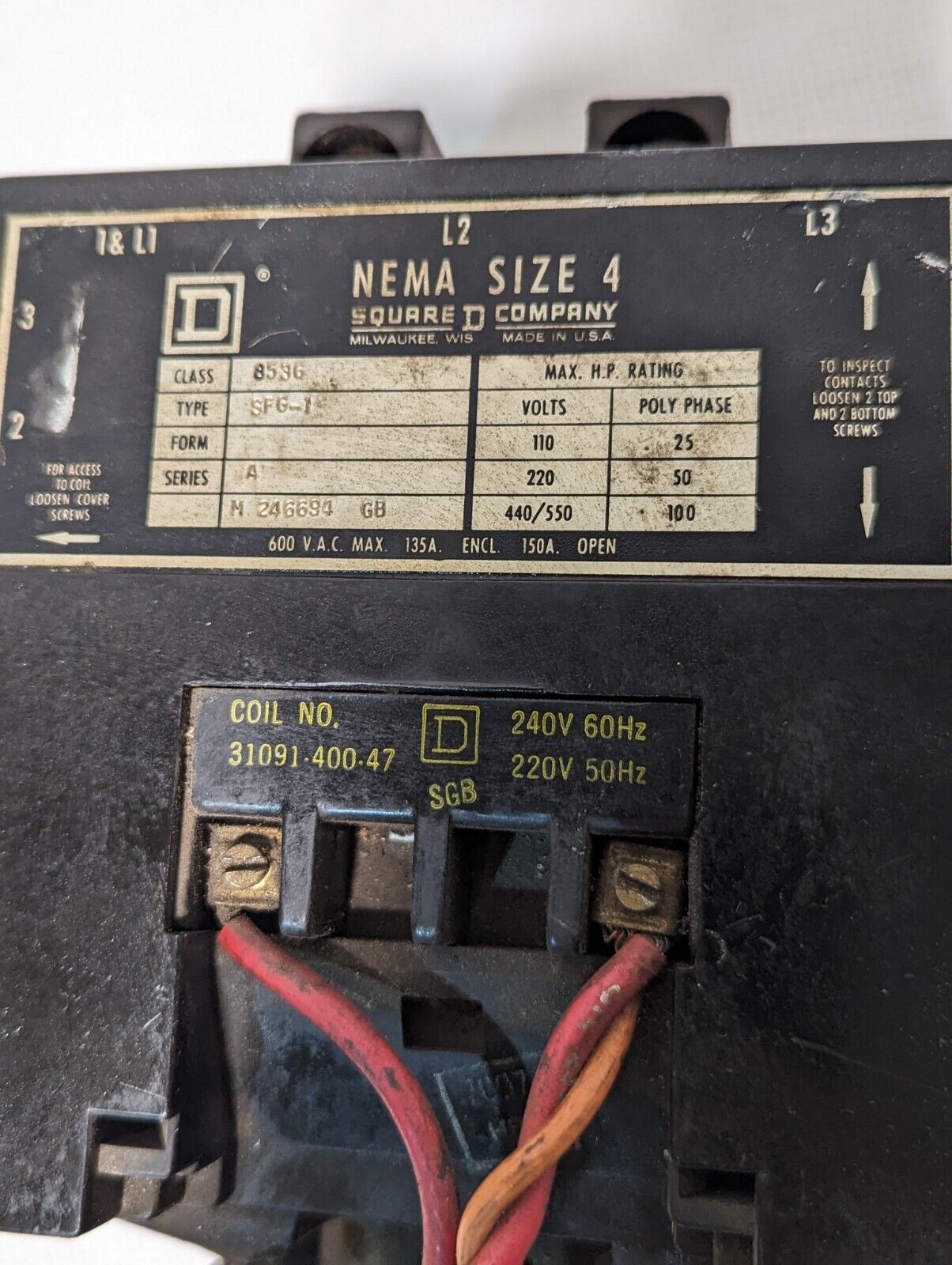 Square D 8536SFG-1 NEMA Size 4 Motor Starter, 135/150A 600VAC, 220/240VAC Coil