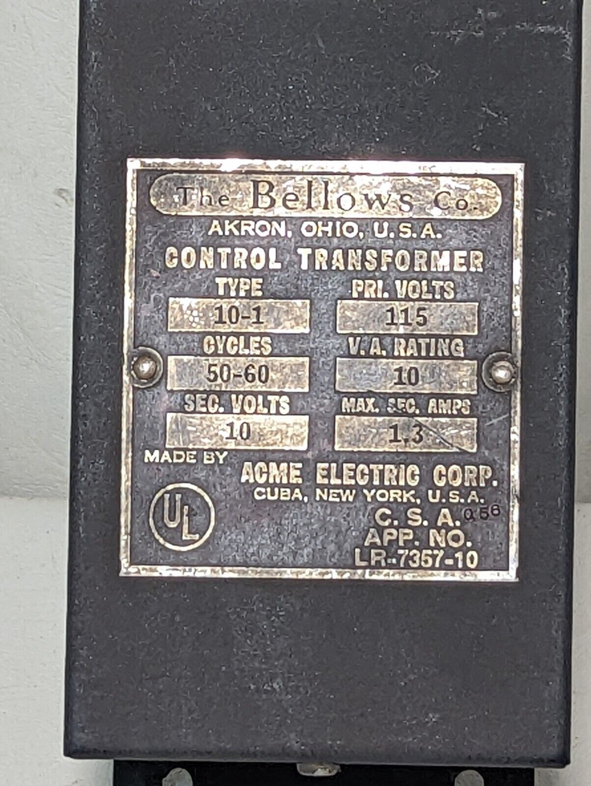 Bellows 10-1 Control Transformer, 115V primary, 10V secondary, by Acme Electric