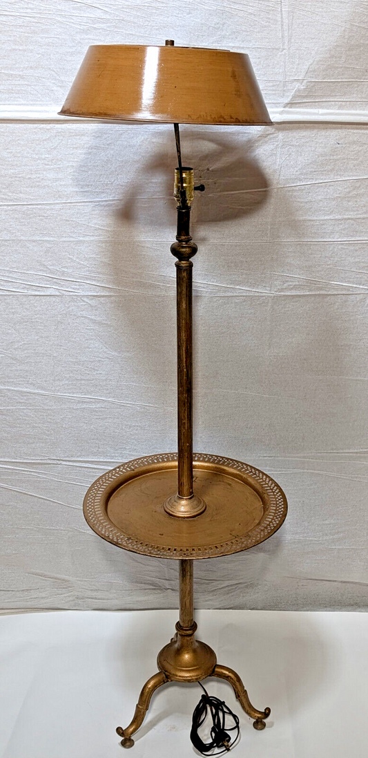 Vintage Mid Century Modern Brass 53" Floor Lamp, Shelf, footed, 1950s, Decor