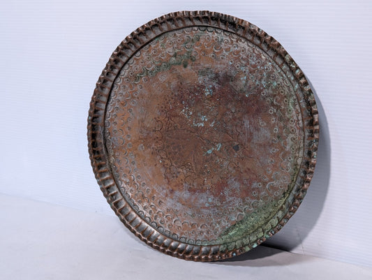 Vintage Hammered + Etched Copper Tray, Possibly Persian or Syrian, 13" Diameter