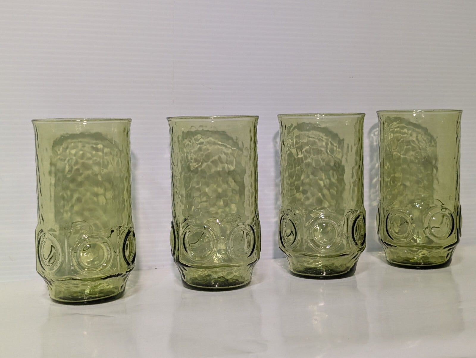 (4) Heritage Hill Green Avocado Hocking Drinking Glass Tumbler Circles Textured