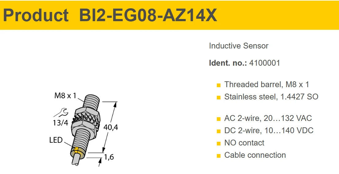 Turck BI2-EG08-AZ14X Inductive Proximity Sensor, 4100001 - Free Shipping