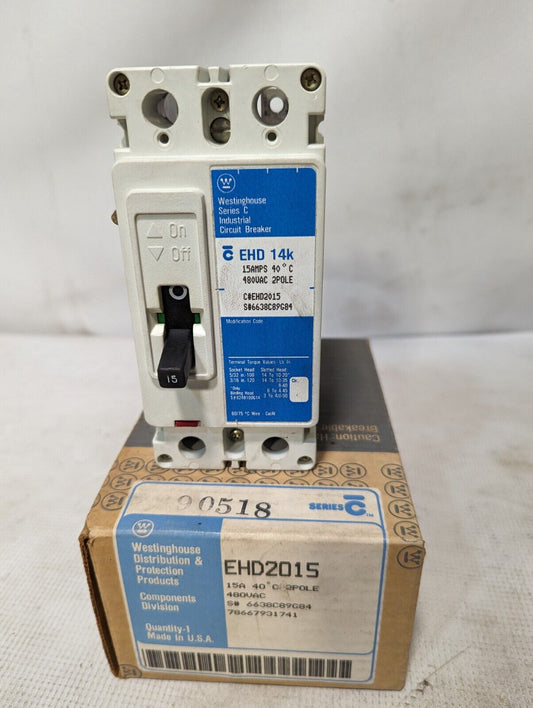 Westinghouse EHD2015 Circuit Breaker, 15A, 480VAC, 125VDC, 2-Pole