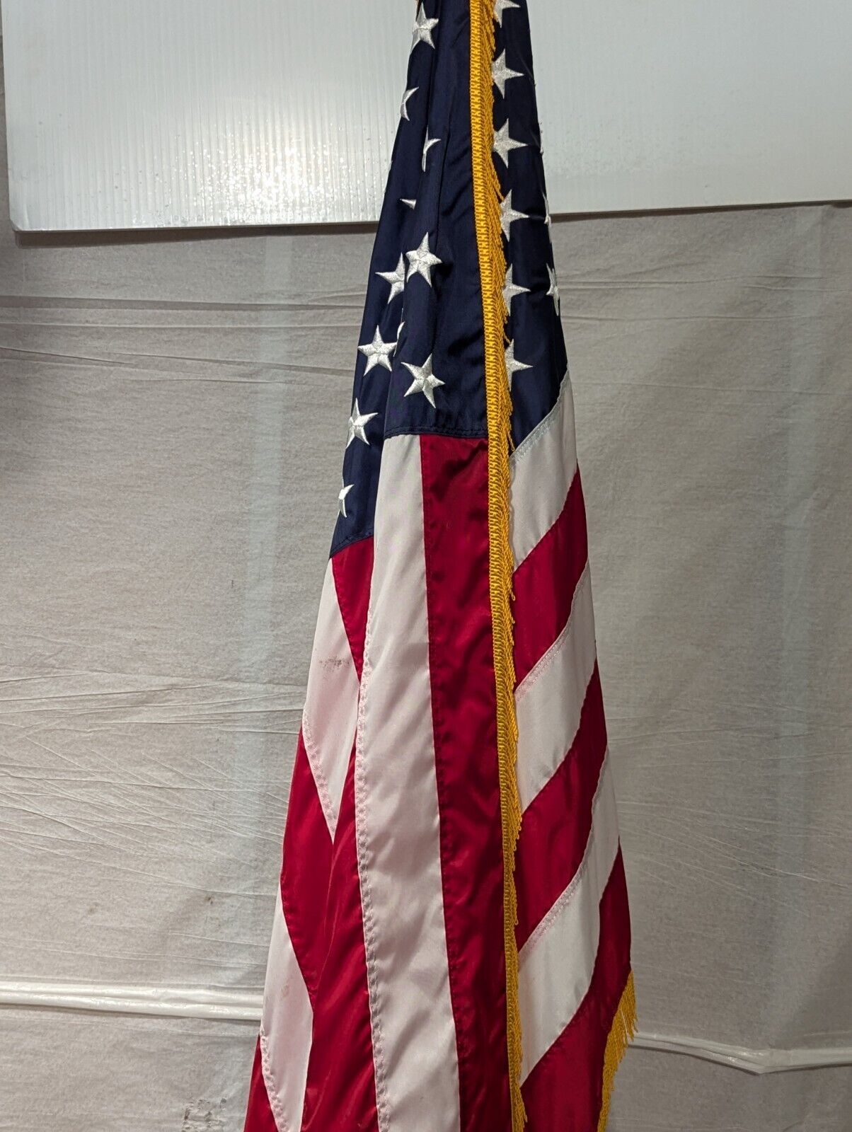 Vintage Indoor 3' x 5' American Flag With Gold Fringe and Wooden Flag Pole 99" H