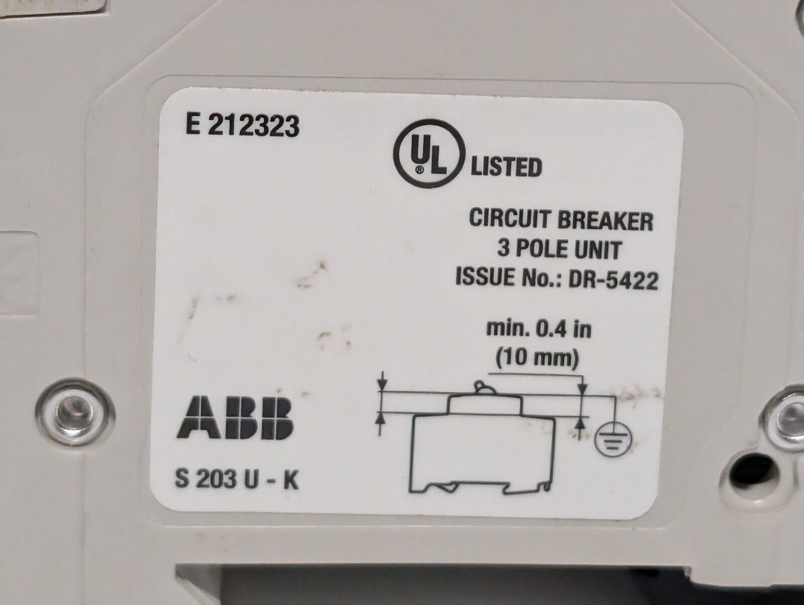 ABB S203U-K10A Circuit Breaker, 3 Pole Unit, Min .4", Made in Germany