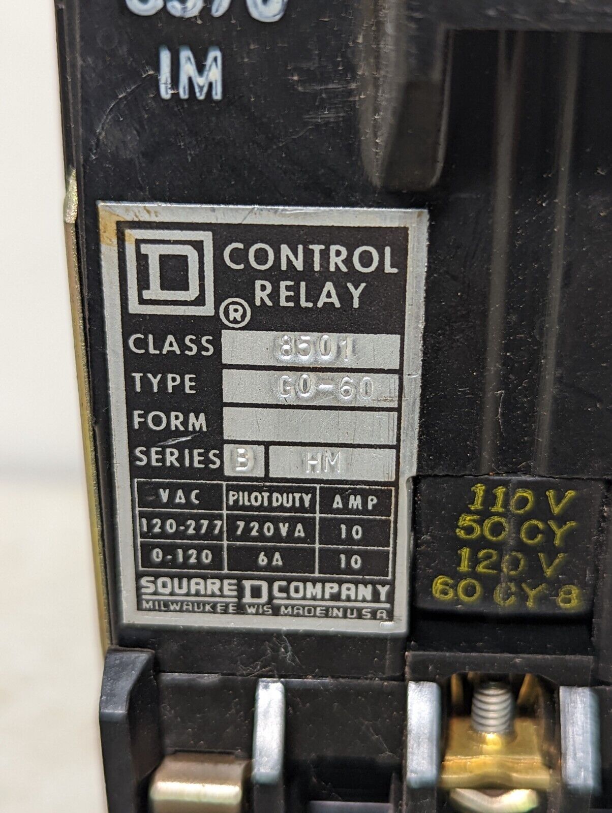 Square D 8501-G0-60 Ser. B Control Relay w/ coil 31021-400-59A or -60A, 110-120V