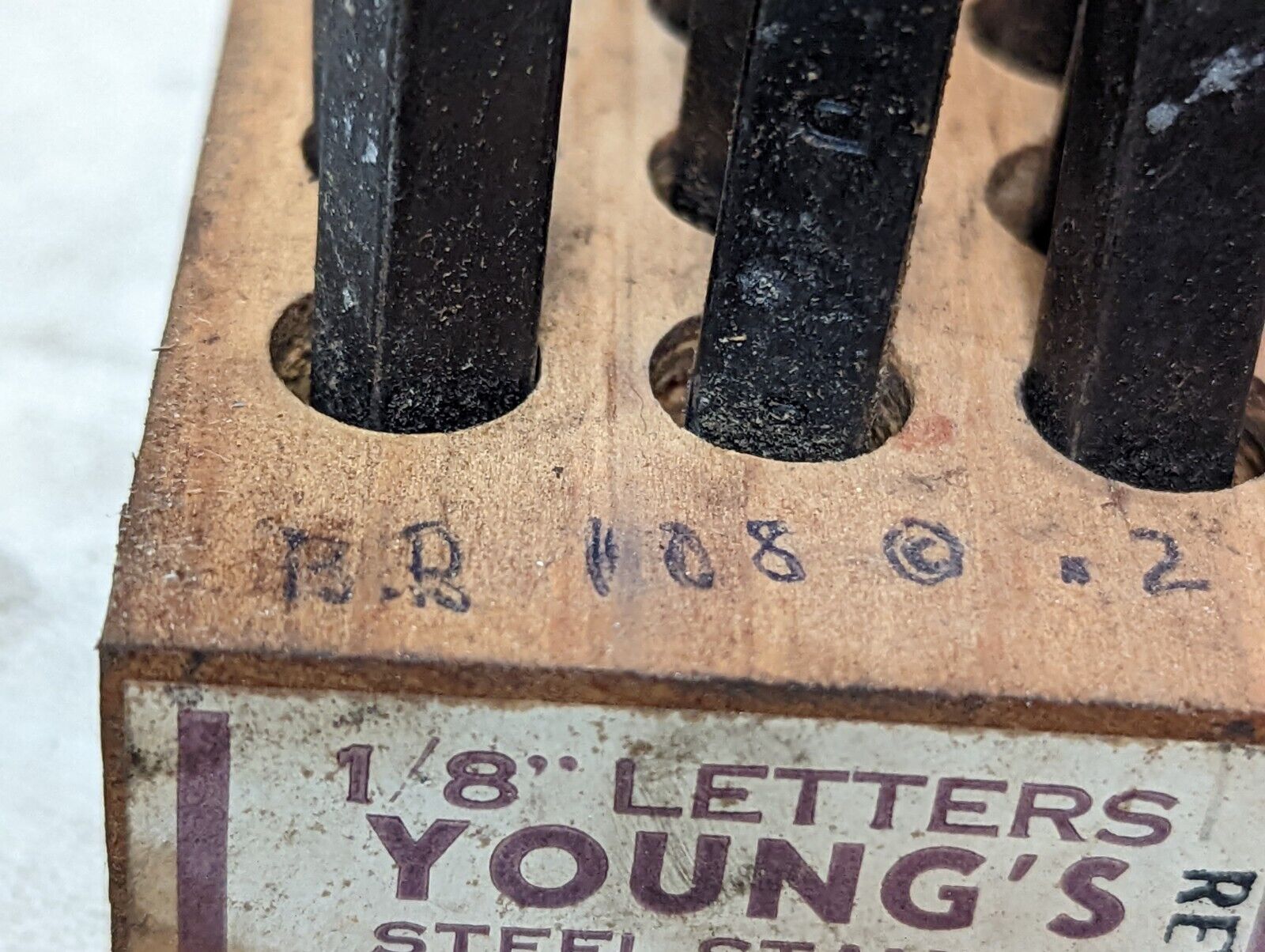 Young's steel stamps, heavy duty, 1/8 inch letters, antimushroom, thumb-index, c