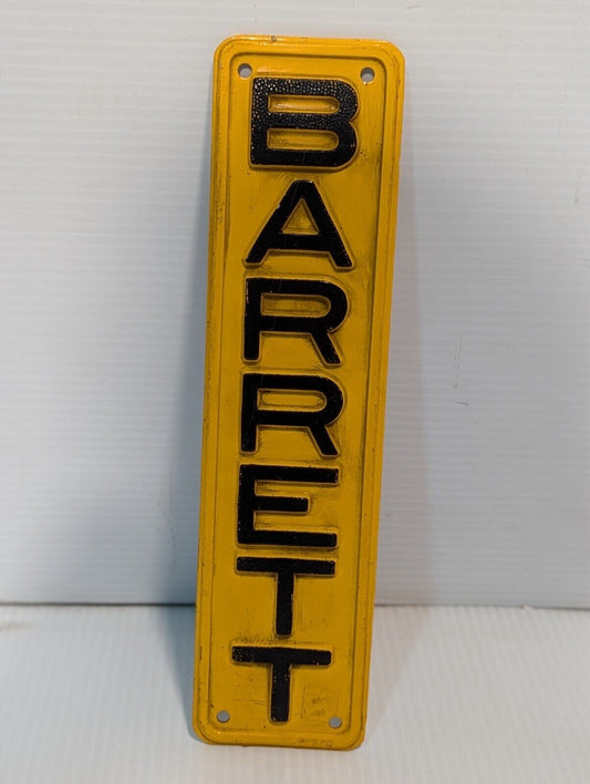 Vintage Barrett Yellow Nameplate Sign 10" - Free Shipping+Returns