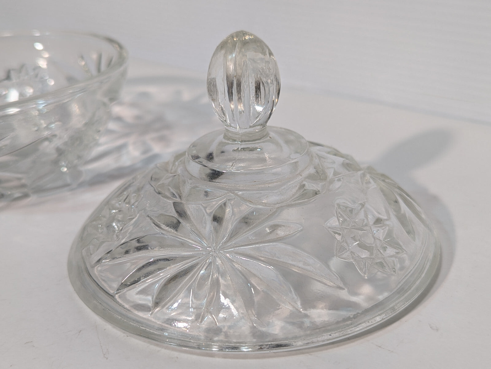 Vintage Antique Crystal Clear Glass Candy Dish, Snack Jar, Lid, Starburst Design