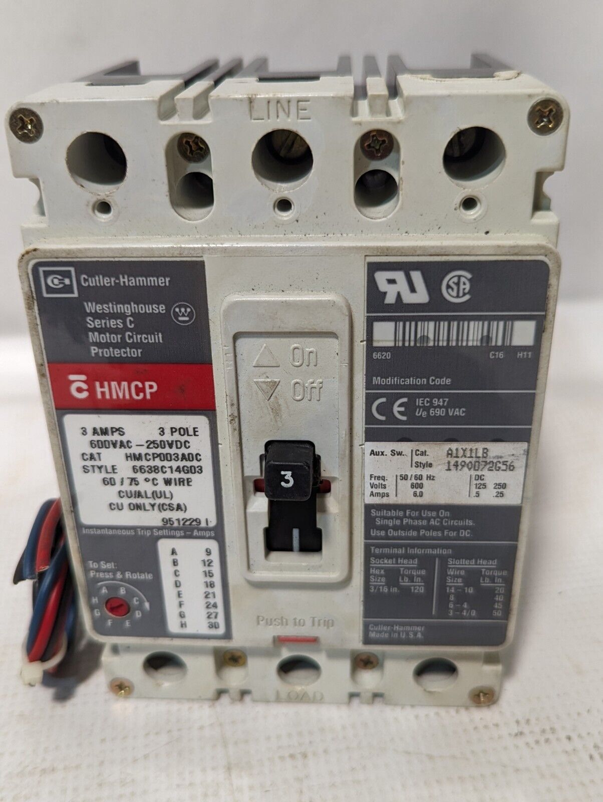 Cutler-Hammer, Westinghouse HMCP003A0C, style 6638C14G03 circuit protector, 3A,