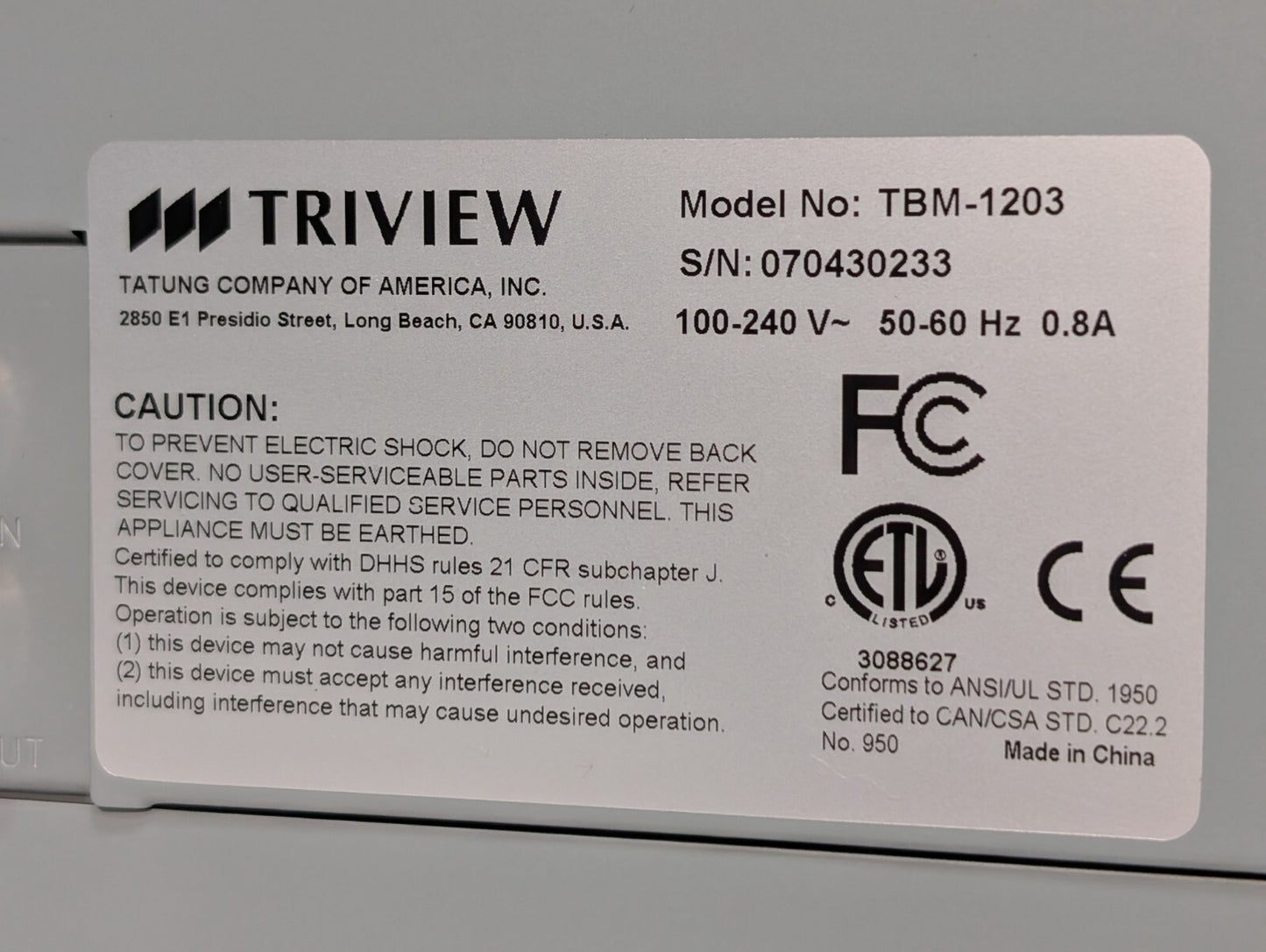 Tatung TBM-1203 Triview  B&W Surveillance Monitor, 11" Visual Screen, Metal Case