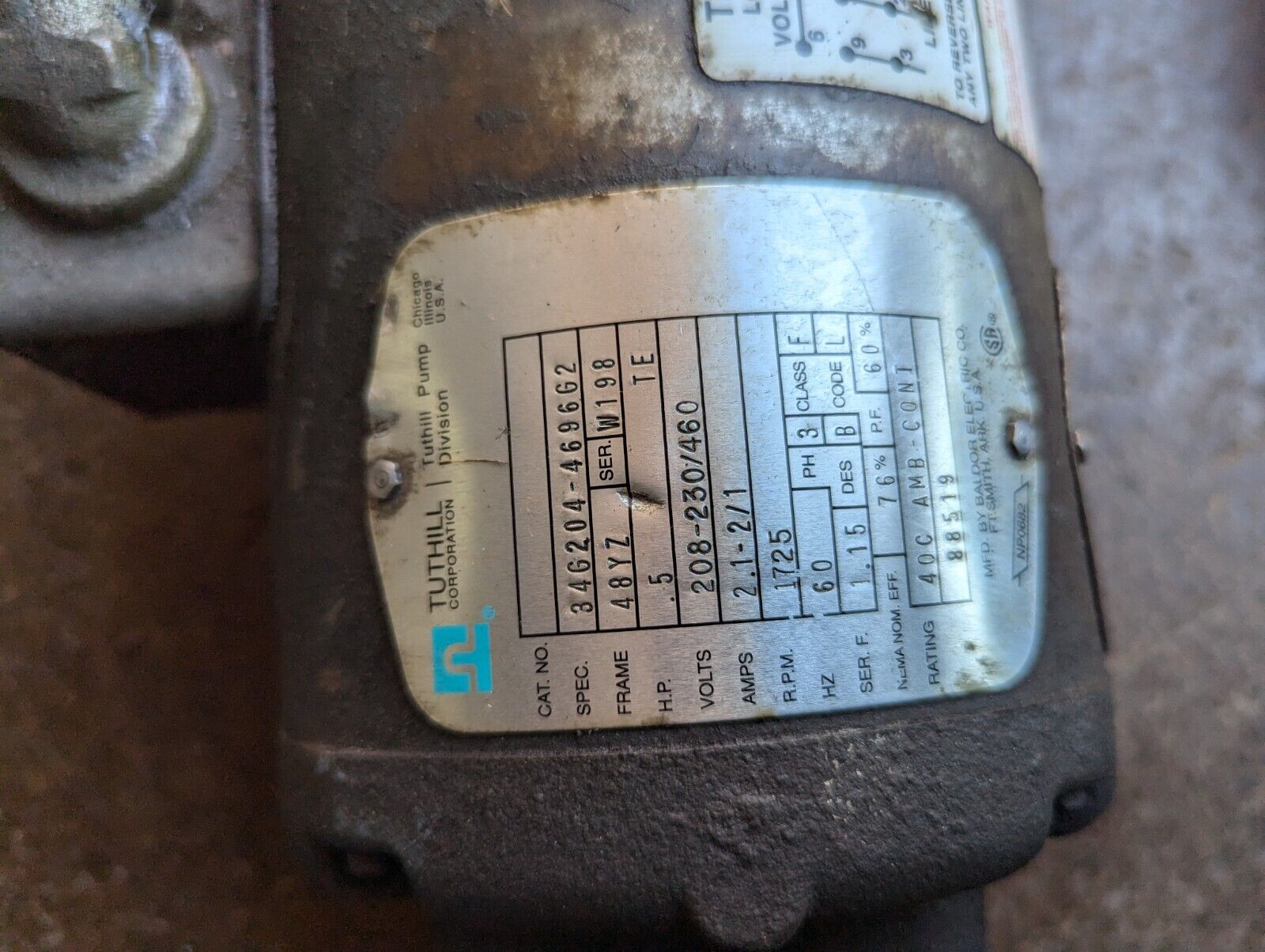 Tuthill 34G204-4696G2 motor, 0.5 HP, 208-230/460VAC, 1725RPM, 3P - Free Shipping
