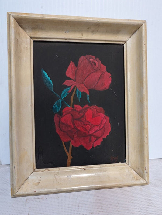 Vintage Painting on Canvas - Two Red Roses, Artist signed, 15"x 12" - Free Ship