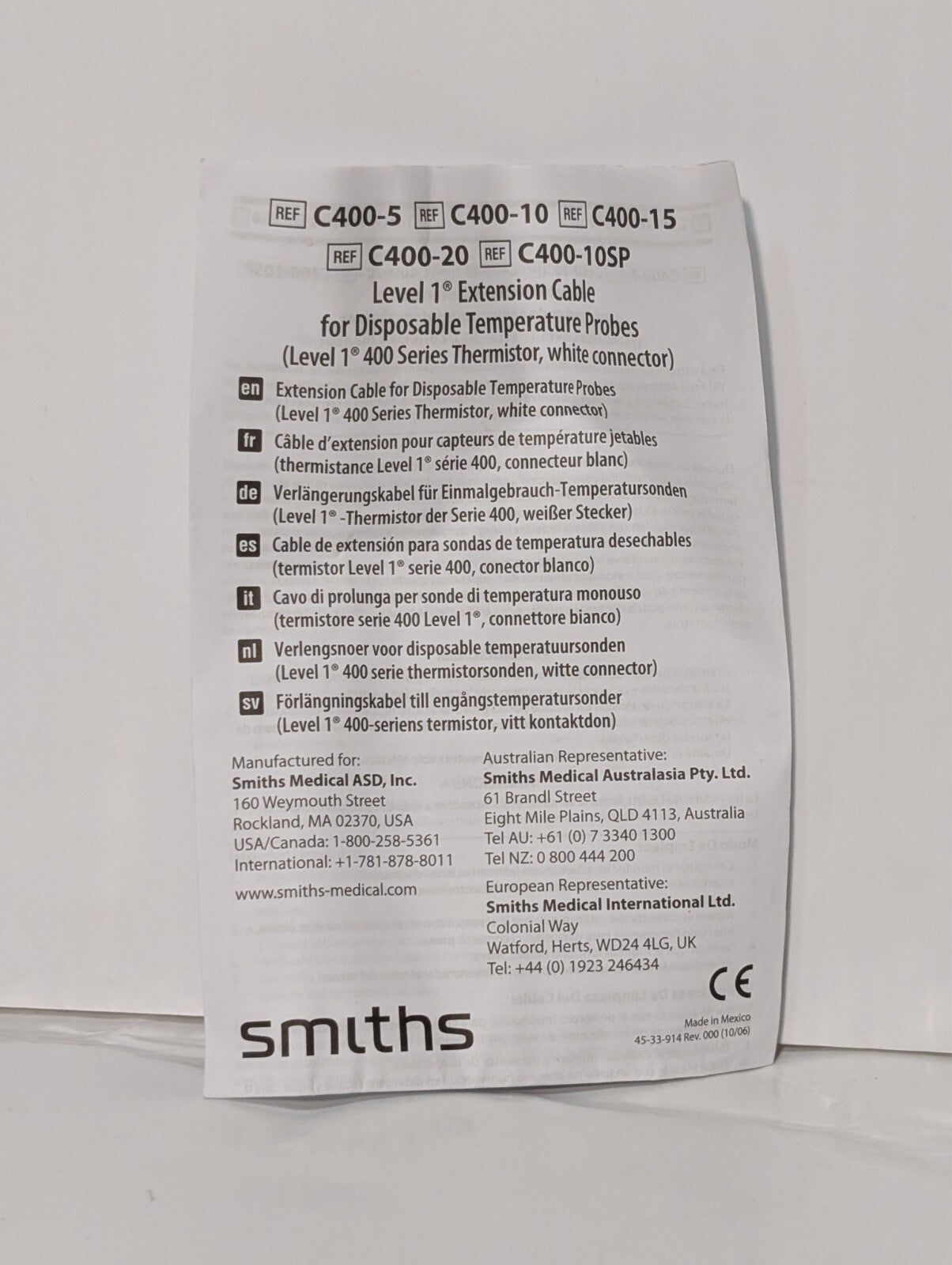 Smiths Medical C400-15 Electrical Extension Cable for Disposable Temp Probe